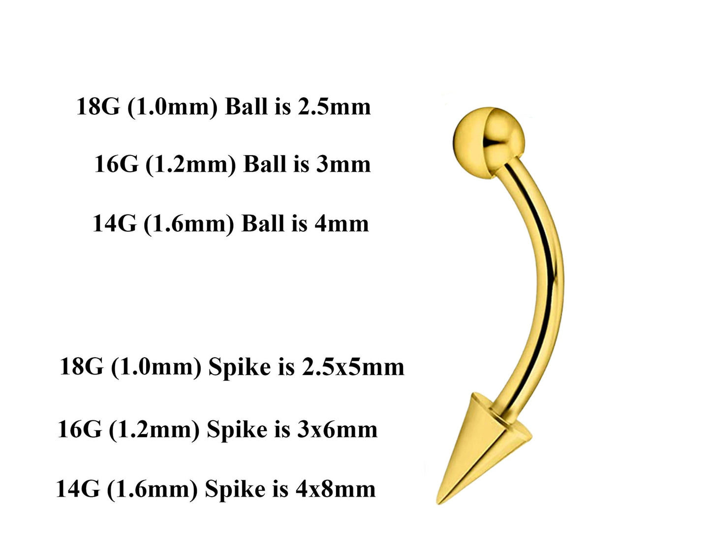 Gold Curved Barbell, Eyebrow Bar – Custom Bent Barbell 18g 16g 14g Piercing for Daith, Vertical Labret and More