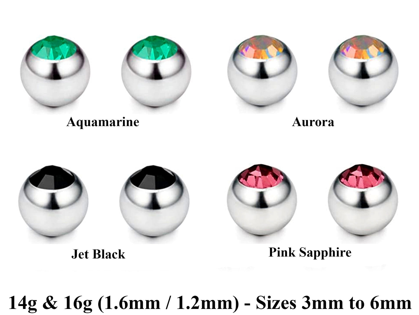 Body Jewelry Replacement Balls, Gem Ball - (2pcs) Piercing kit Loose parts for Barbells, Horseshoe Piercing, Labrets, Septum and more.
