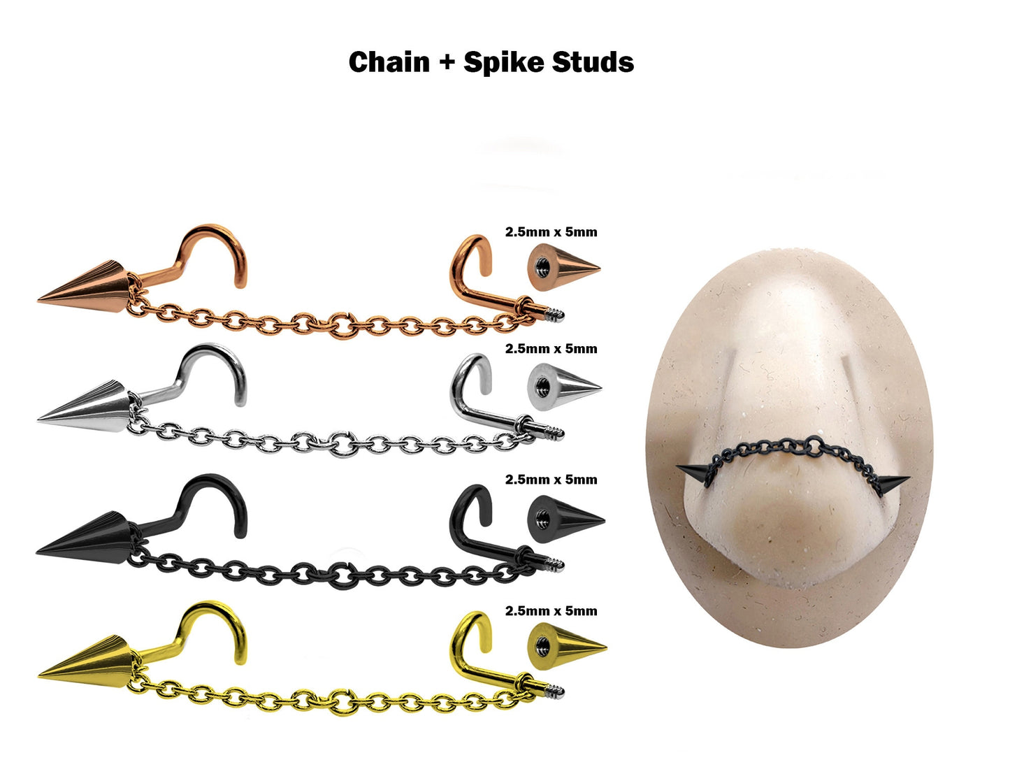 BallConeSpike Nasallang Piercing, Nose Chain Ring - Titanium Nose Piercing - Nostril Screw, Nose Stud - Hand Made to your exact size