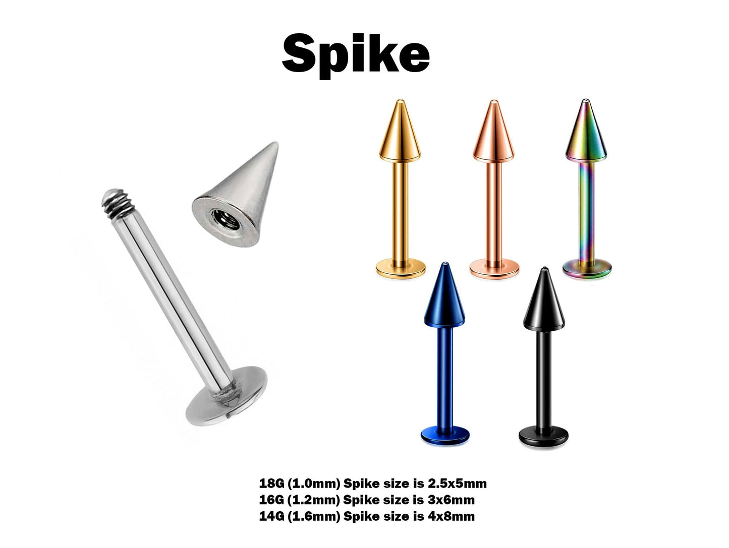 Titanium Spike Labret, Labret Stud – Labret Cone Spike Piercing available in many Colours – 18g, 16g, 14g Labret Piercing for Lip.