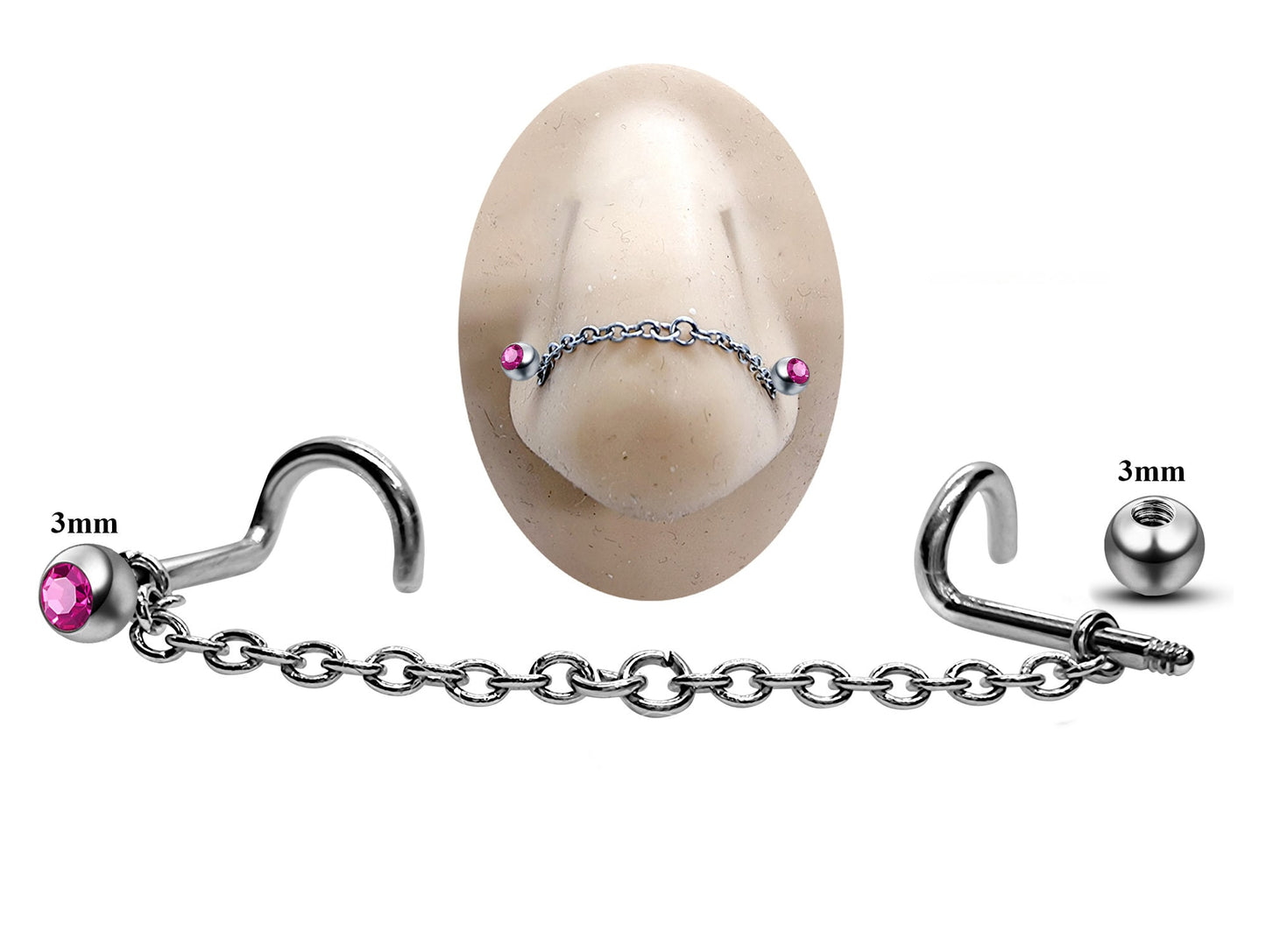 Titanium Nose Chain, Nostril Bridge Piercing - Nasallang Piercing with Gem Ball Crystal - Nose Piercing, Nostril Chain - Hand Made