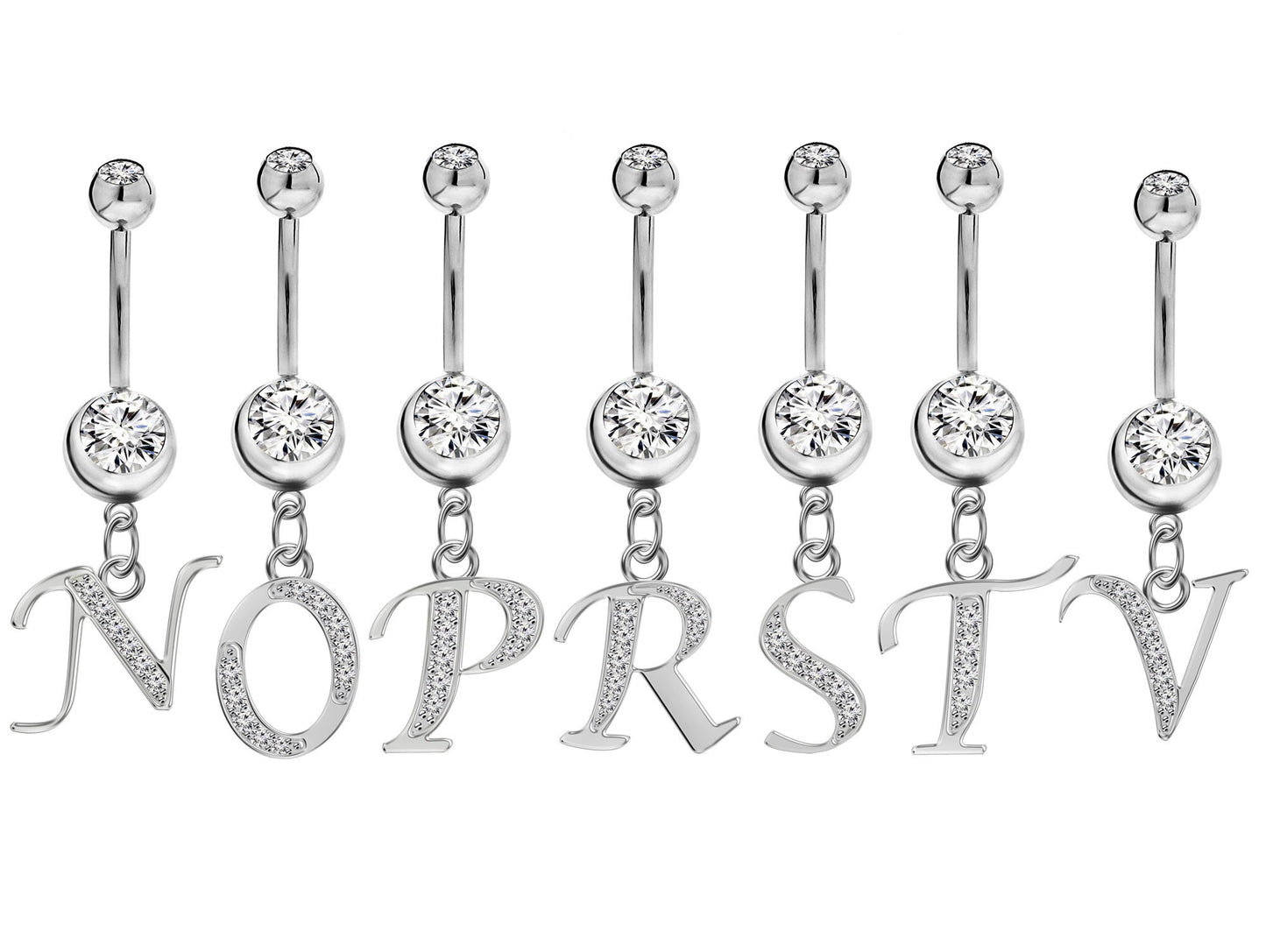 Belly Bar, Initial Navel Ring, Navel Piercing with Silver Dangle Alphabet Letter A-Z - Belly Bar length is 10mm - thickness is 14g (1.6mm)