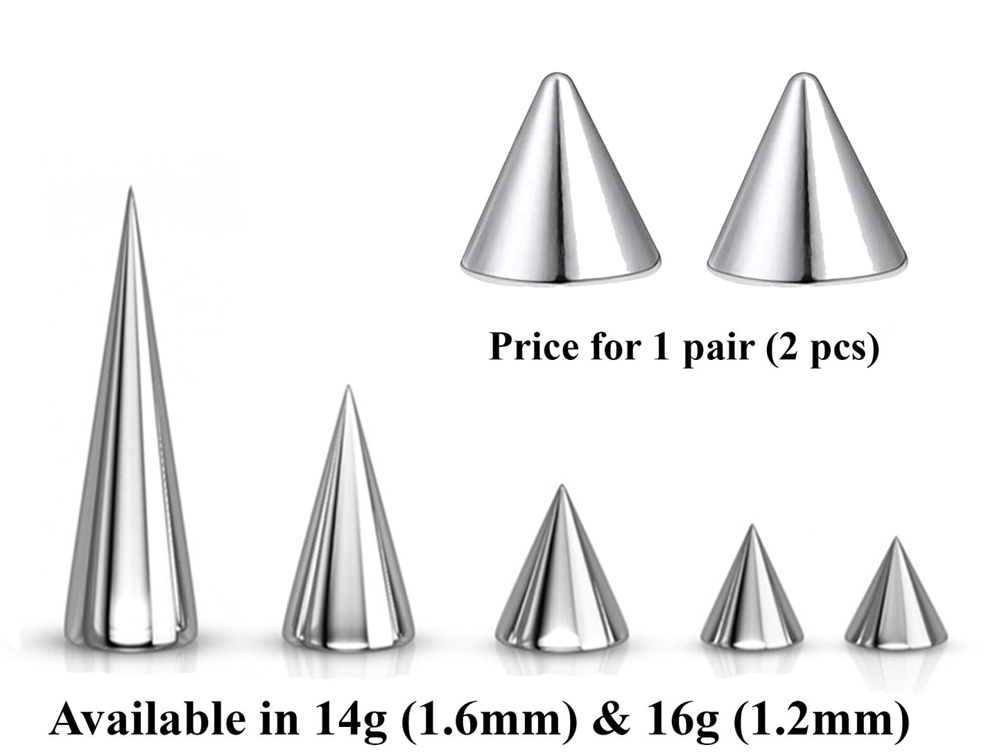 Spike Piercing, Pair of Color Spike and Cone Replacement Piercing Parts – 2 pieces – 16g, 14g Attachment for Barbell, Labret piercing kit