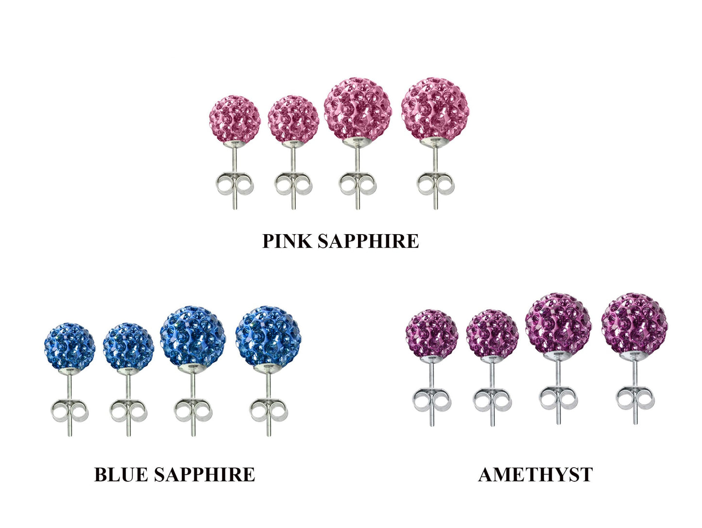 Glitter Ball Stud Earrings, Bling Ball - 2 Pairs of Multi Crystal Ball Silver Earring size 6mm and 8mm Ball - Choose in Many Colours