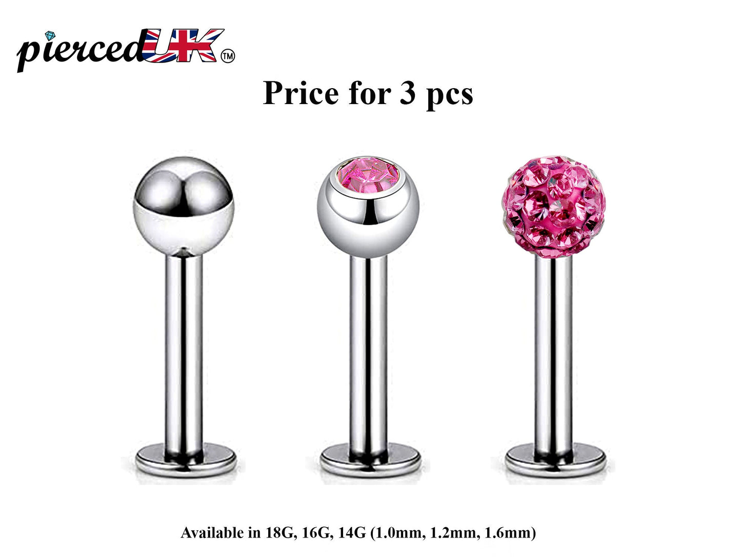 Labret Stud, Labret Piercing – 3pcs Flatback Lip Piercing Jewelry – Ball / Gem ball / Disco ball – Labret Piercing for Lip, Chin and More