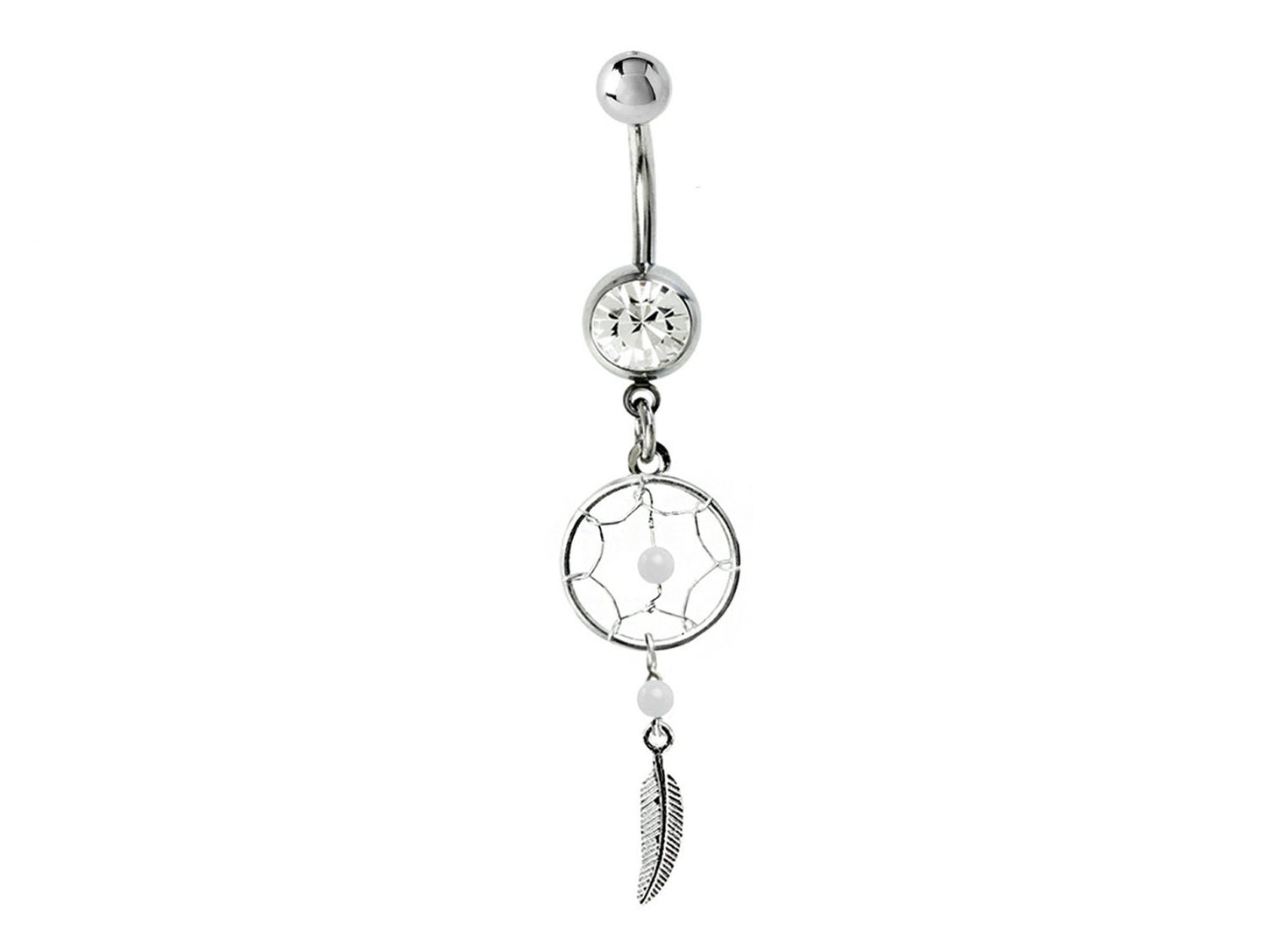 Belly Button Piercing, Navel Ring - Silver Dreamcatcher Jewellery Dangle Belly Bar with Crystal and Genuine Stone Beads- 14g (1.6mm)