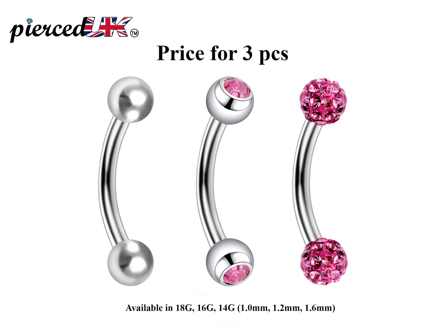 Curved Barbell Daith Piercing– 3pcs Bent Barbell Piercing Jewelry – Ball / Gem ball / Disco ball – Body Piercing for Lip, Dainty, Helix