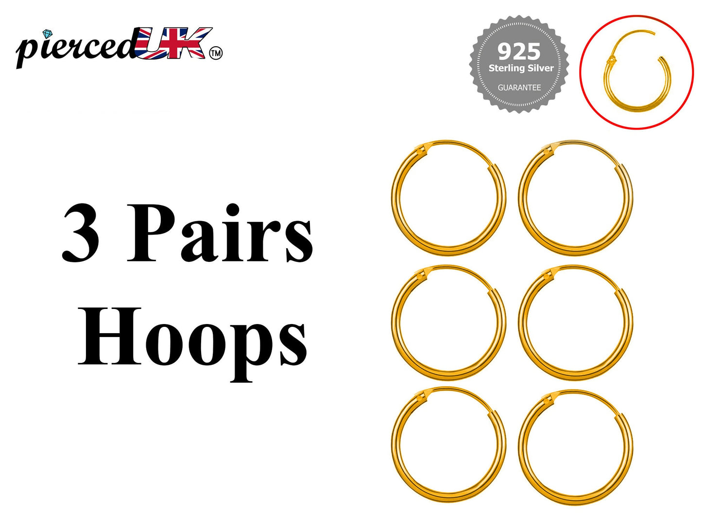 Hoop Earrings Silver- Set of 3 Pairs Small Hoops for Cartilage, tragus, conch, daith - 8mm to 60mm - Available in Gold and Rose Gold Plating