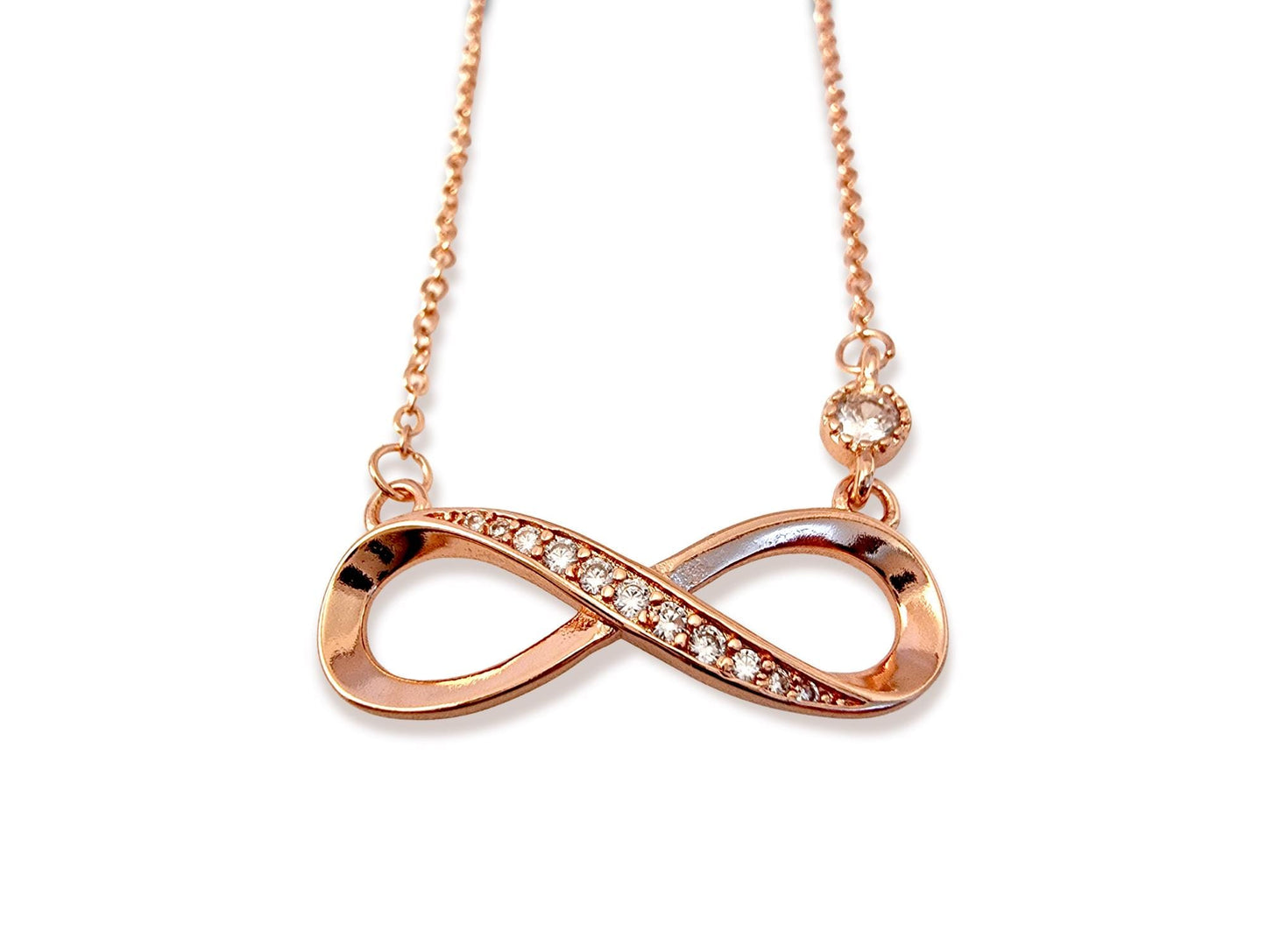 Silver Infinity Stud Earrings for Women with matching and Pendant Necklace with CZ Clear Stone Crystals - Timeless Jewelry - Eternal Symbol