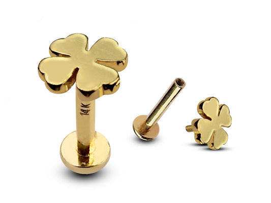 14K Gold Clover Leaf Tragus Earrings, Labret Stud, Helix Cartilage Piercings - Internally Threading Body Jewellery Ear Piercing