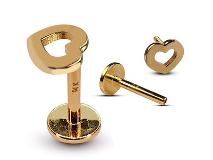 14K Gold Heart Shape Tragus Earring, Cartilage Labret Studs- Internally Threading Body Jewellery Ear Piercing