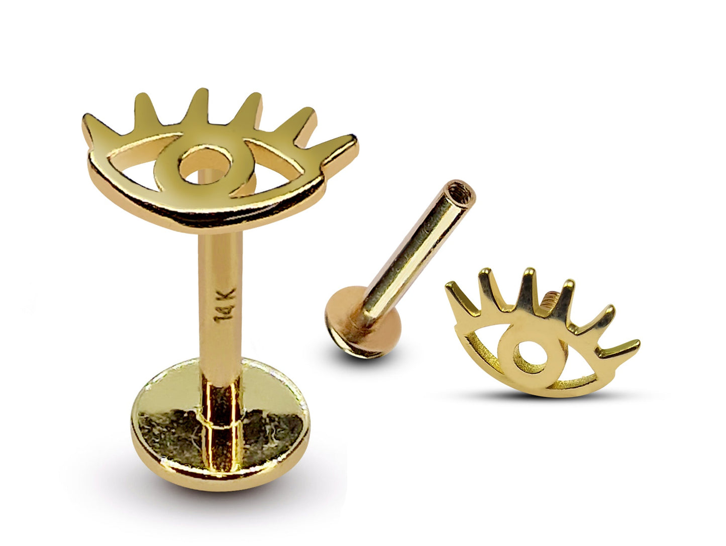 14K Gold Evil Eye Tragus Earring, Cartilage Piercing Labret Studs- Internally Threading Body Jewellery Ear Piercing