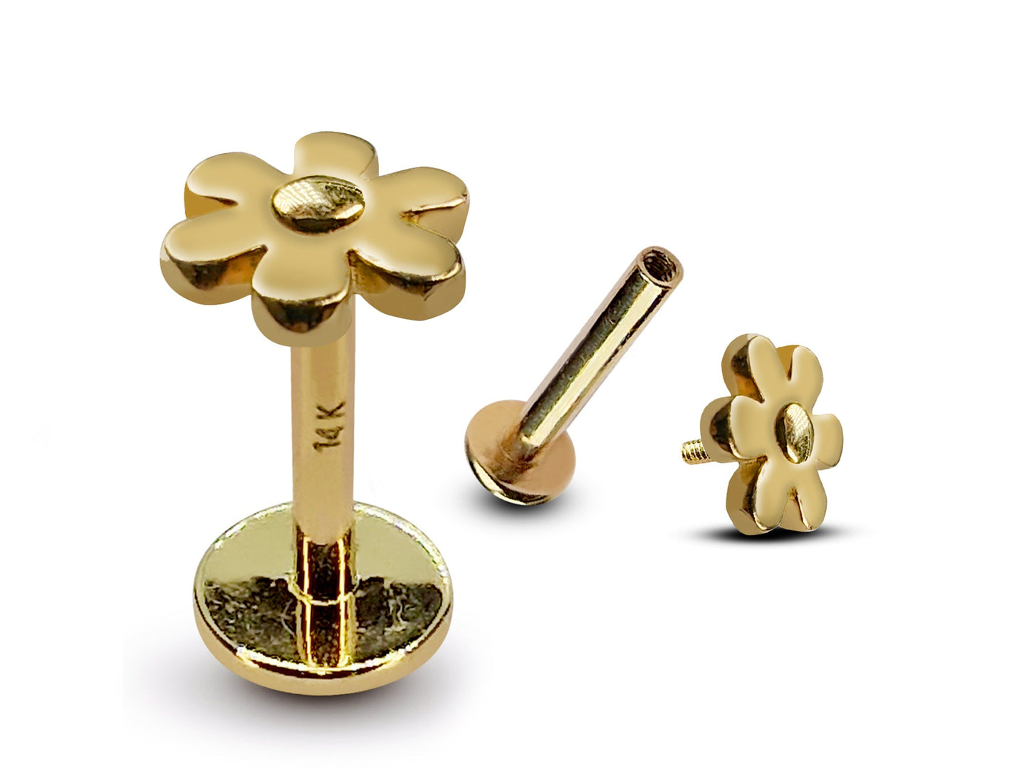 14K Gold Flower Tragus Earring, Cartilage Piercing Labret Studs- Internally Threading Body Jewellery Ear Piercing