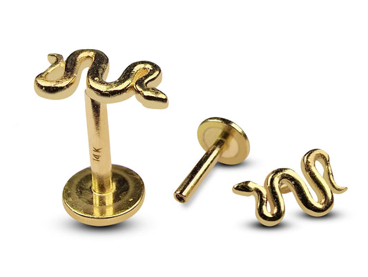 14K Gold Snake Tragus Cartilage Piercing, Labret Stud, Lip Ring - 16G Internally Threading Body Jewellery Ear Piercing