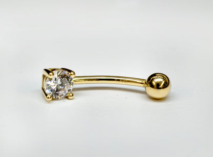 14K Solid Gold Belly Bar ,Belly Button Ring with Crystal Belly Ring - Hand Set and Hand Polished - Gold Body Jewellery