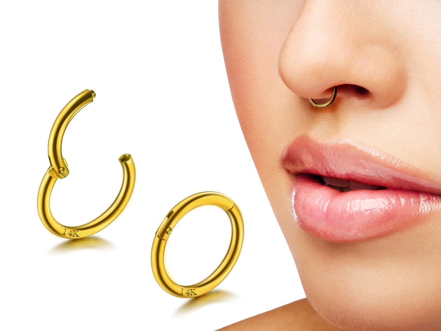 14K Gold Septum Nose Clicker Ring, Lip Piercing Hinged Ring - 20G, 16G Clicker Hoops Body Jewellery Ring - Solid Gold Piercings