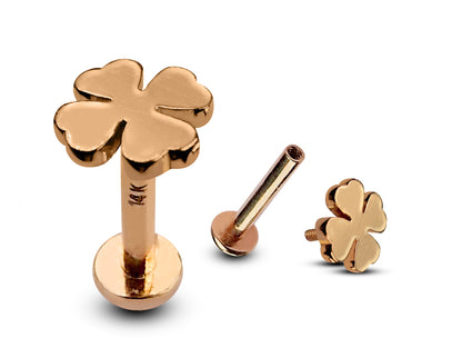 14K Rose Gold Clover Leaf Tragus Earrings, Labret Stud, Helix Cartilage Piercings - Internally Threading Body Jewellery Ear Piercing