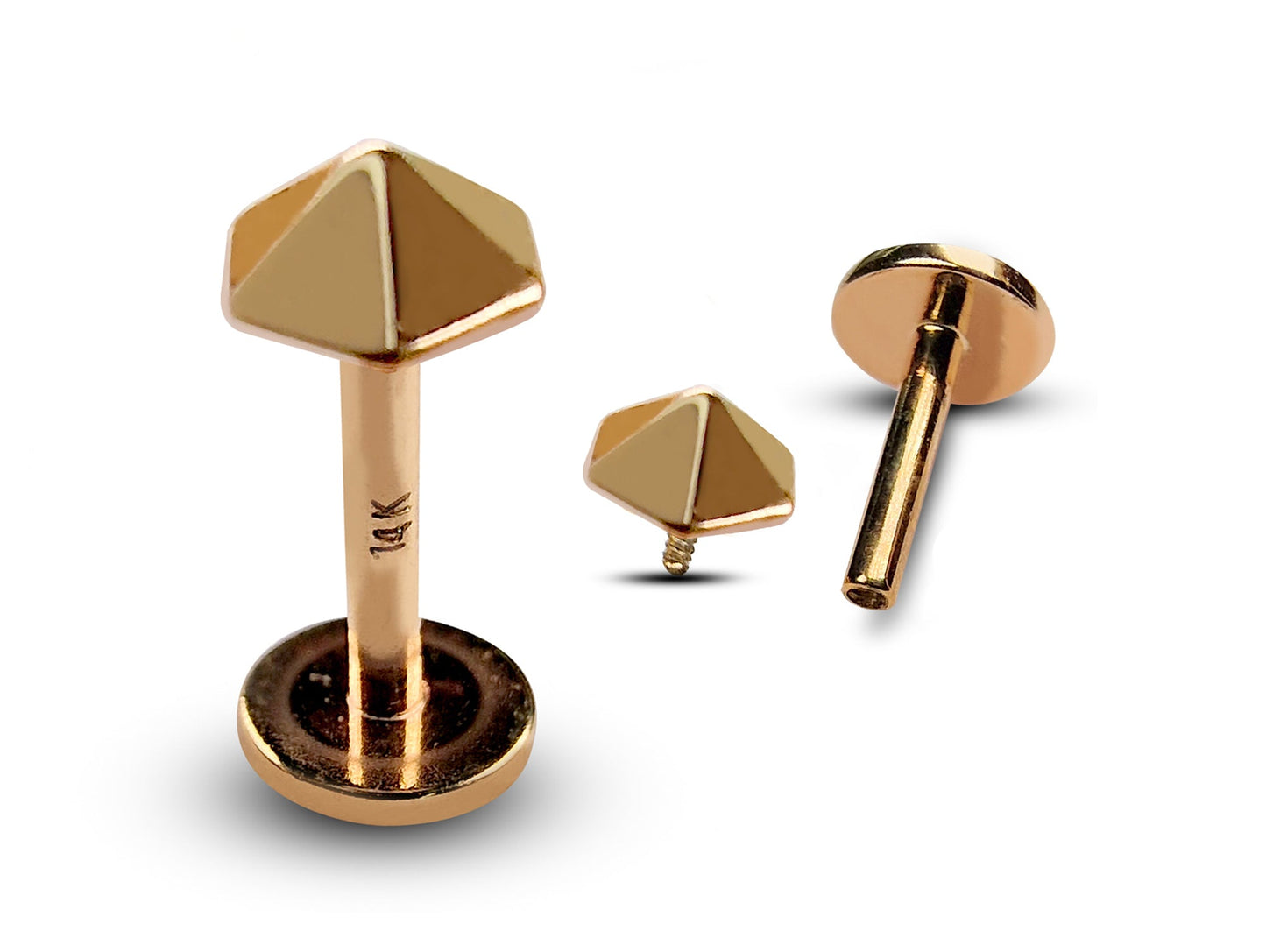 14K Rose Gold Hexagon Tragus Earrings, Labret Stud, Helix Cartilage Piercings - Internally Threading Body Jewellery Ear Piercing