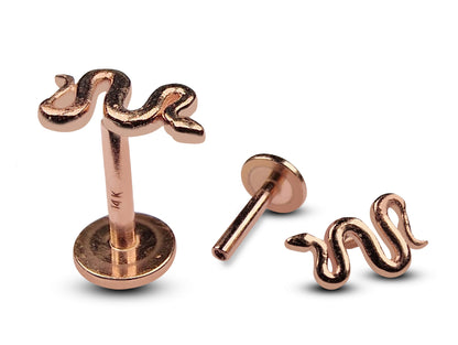 14K Rose Gold Snake Labret Stud Tragus Earrings, Cartilage Piercing  - 16G Internally Threading Body Jewellery Ear Piercing