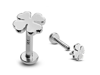 14K White Gold Clover Leaf Tragus Earring, Labret Stud, Helix Cartilage Piercing - Internally Threading Body Jewellery Ear Piercing
