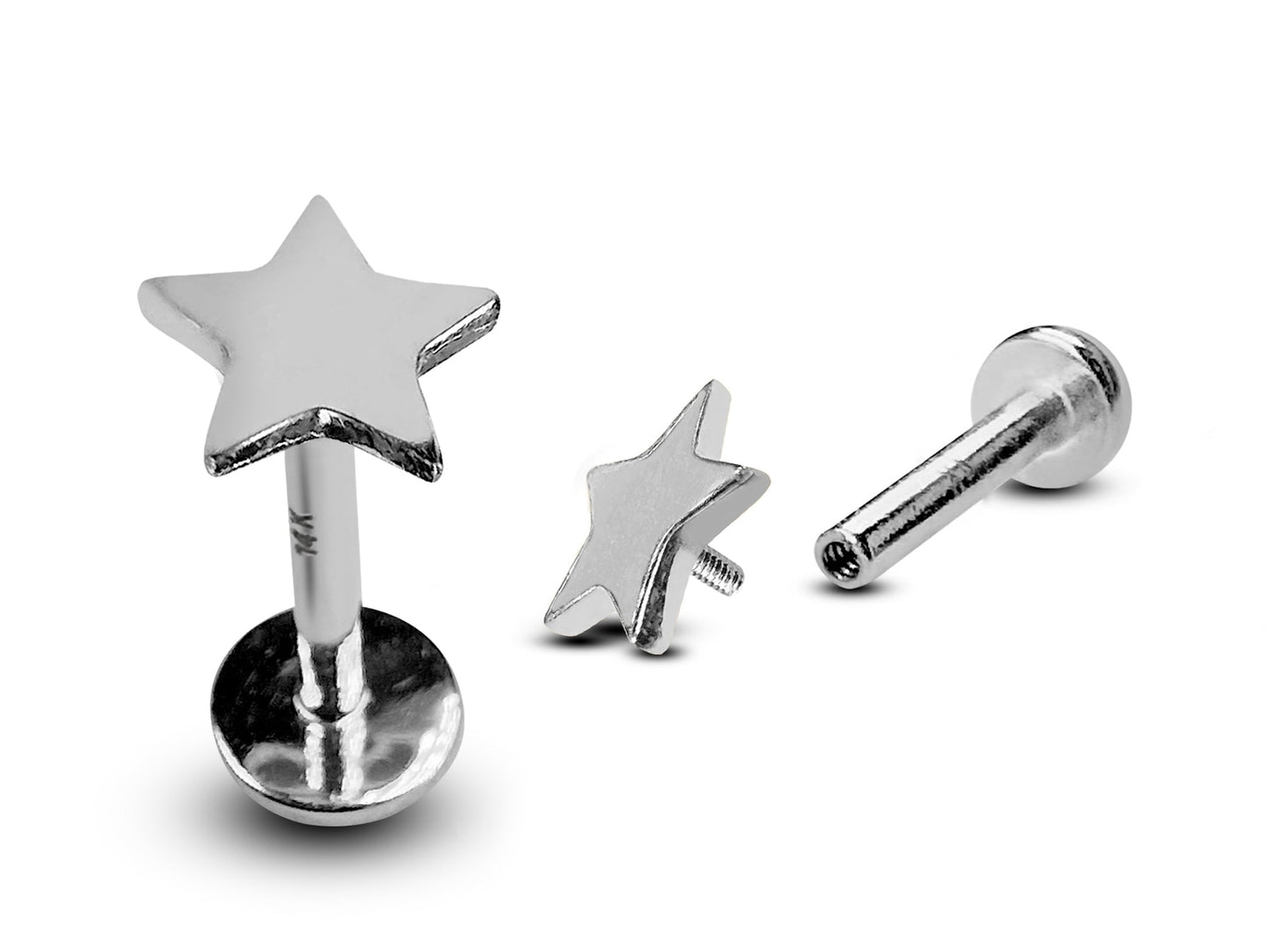 14K White Gold Star Shape Tragus Earring, Labret Stud, Helix Cartilage Piercing - Internally Threading Body Jewellery Ear Piercing