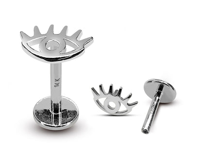 14K White Gold Evil Eye Tragus Earring, Labret Stud, Helix Cartilage Piercing - Internally Threading Body Jewellery Ear Piercing