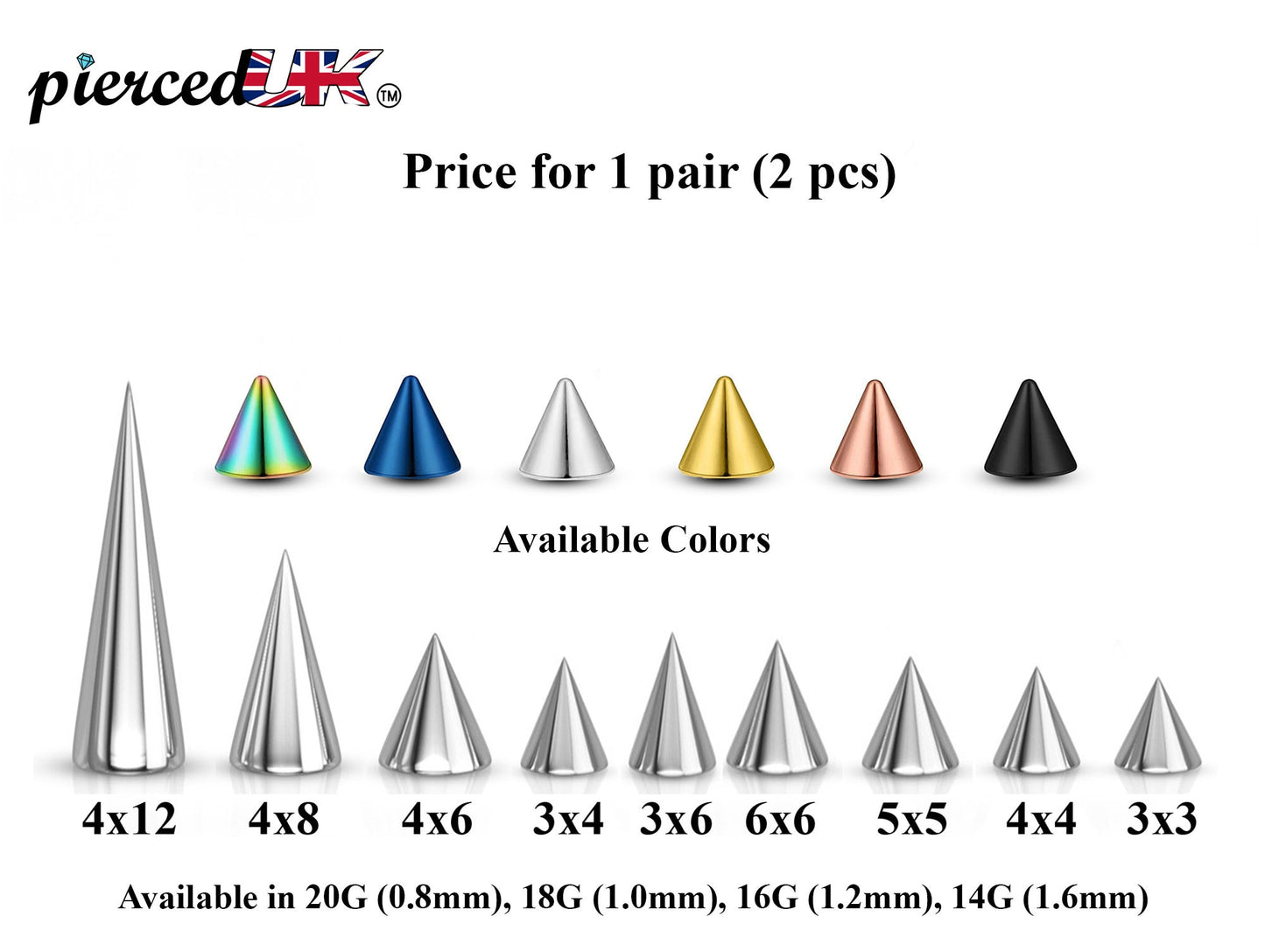 Spike Piercing, Pair of Spike and Cone Replacement Piercing Parts – 16g, 14g Attachment for Barbell, Labret, Horseshoe Bar and More.