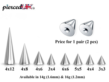 Spike Piercing, Pair of Spike and Cone Replacement Piercing Parts – 16g, 14g Attachment for Barbell, Labret, Horseshoe Bar and More.