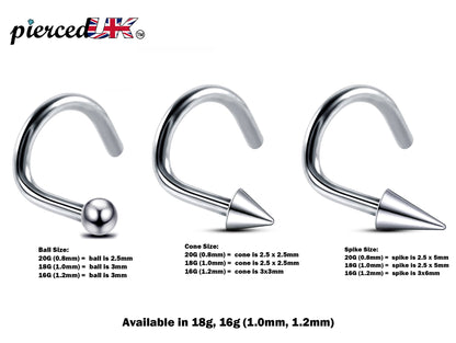 Nose Studs, Nose Ring - 20g, 18g, 16g Nostril Screw Ring with Ball  Cone  Spike  - Nose Piercing, Nose Jewelry, Nose Pin