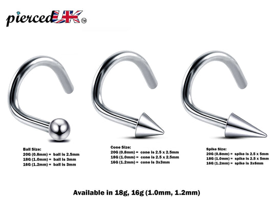 Nose Studs, Nose Ring - 20g, 18g, 16g Nostril Screw Ring with Ball  Cone  Spike  - Nose Piercing, Nose Jewelry, Nose Pin