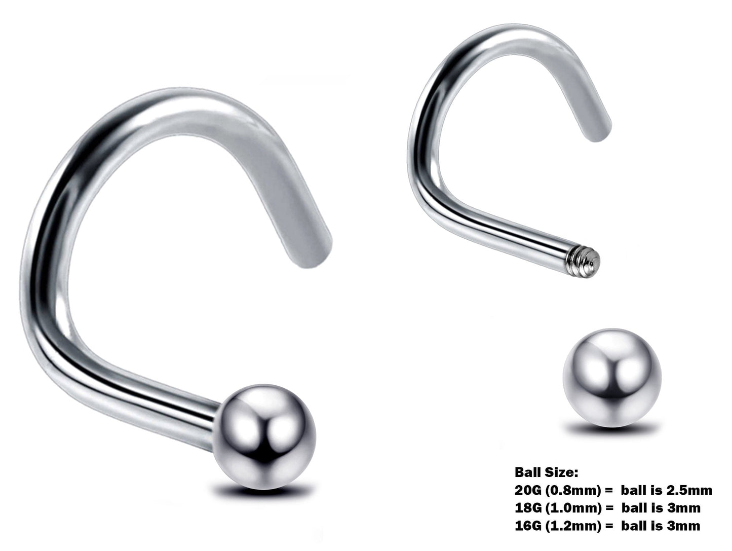 Nose Studs, Nose Ring - 20g, 18g, 16g Nostril Screw Ring with Ball  Cone  Spike  - Nose Piercing, Nose Jewelry, Nose Pin