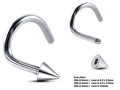 Nose Studs, Nose Ring - 20g, 18g, 16g Nostril Screw Ring with Ball  Cone  Spike  - Nose Piercing, Nose Jewelry, Nose Pin