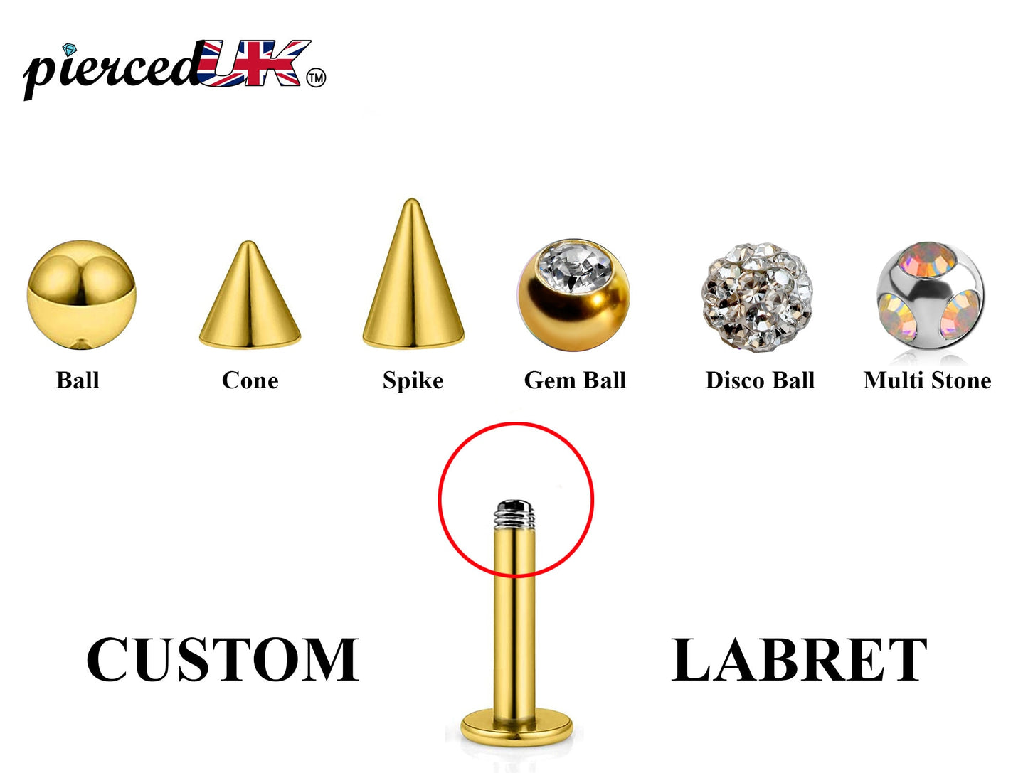 Gold Labret Stud, Labret Piercing – Custom Lip Labret 18g 16g 14g Labret Piercing for Lip, Chin and More – Choose Top Ball in the Options