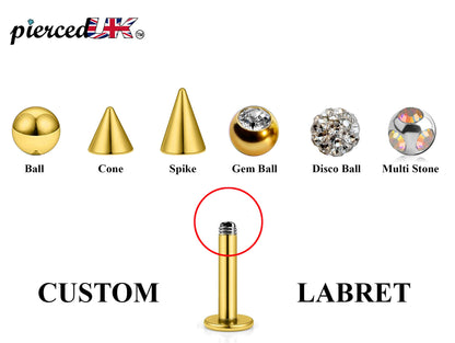 Gold Labret Stud, Labret Piercing – Custom Lip Labret 18g 16g 14g Labret Piercing for Lip, Chin and More – Choose Top Ball in the Options