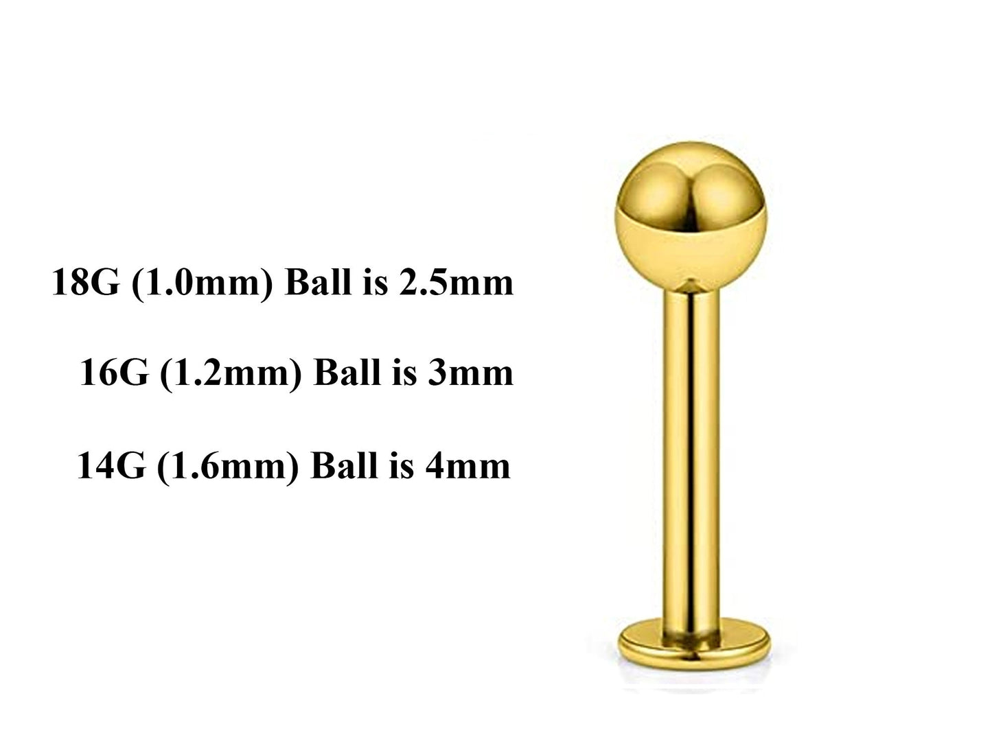 Gold Labret Stud, Labret Piercing – Custom Lip Labret 18g 16g 14g Labret Piercing for Lip, Chin and More – Choose Top Ball in the Options