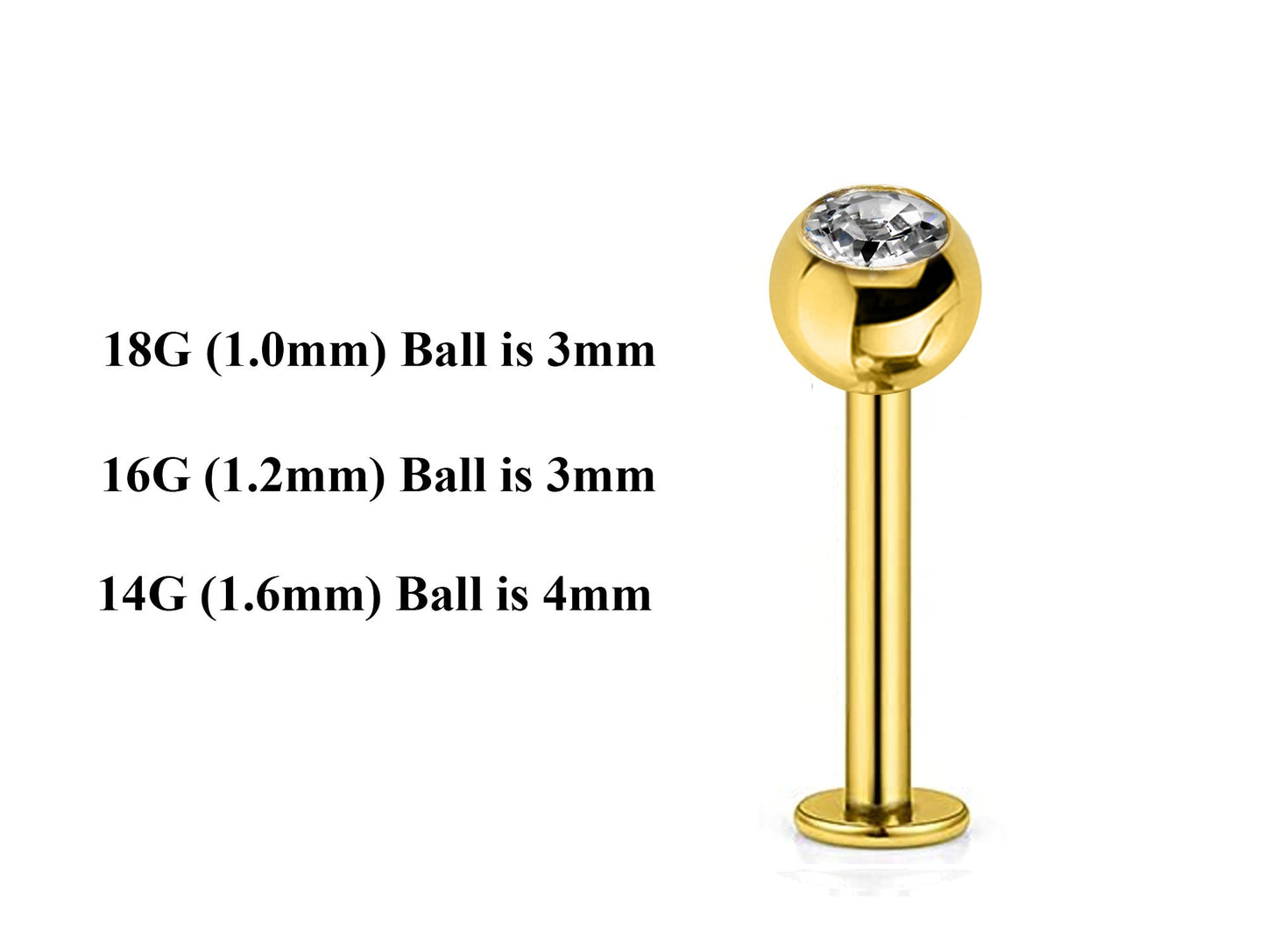 Gold Labret Stud, Labret Piercing – Custom Lip Labret 18g 16g 14g Labret Piercing for Lip, Chin and More – Choose Top Ball in the Options