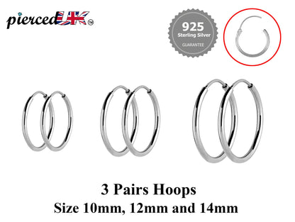 Hoop Earrings Silver - Set of 3 Pairs Hoop Earrings for Women - Comes in Sizes of 10mm, 12mm and 14mm - Silver, Gold, Rose Gold