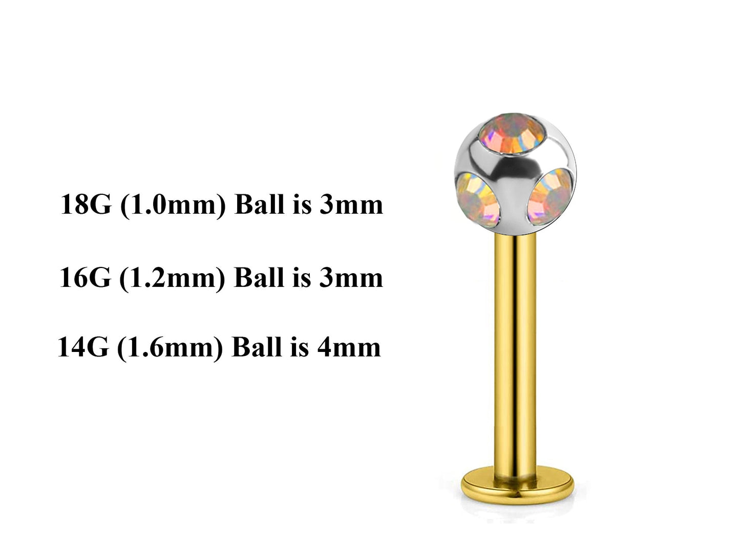 Gold Labret Stud, Labret Piercing – Custom Lip Labret 18g 16g 14g Labret Piercing for Lip, Chin and More – Choose Top Ball in the Options