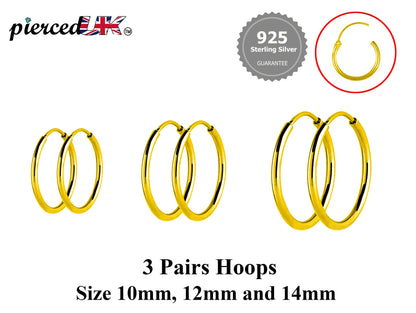 Hoop Earrings Silver - Set of 3 Pairs Hoop Earrings for Women - Comes in Sizes of 10mm, 12mm and 14mm - Silver, Gold, Rose Gold