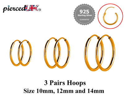 Hoop Earrings Silver - Set of 3 Pairs Hoop Earrings for Women - Comes in Sizes of 10mm, 12mm and 14mm - Silver, Gold, Rose Gold