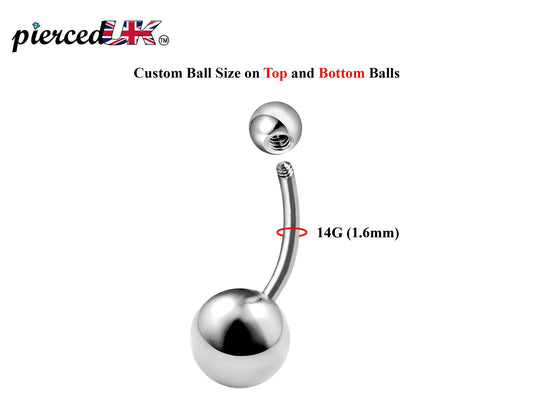 Belly Bar Plain Ball, Eyebrow Bar – (1.6mm) 14g Curved Barbell Piercing with Custom Ball Size 3mm to 8mm