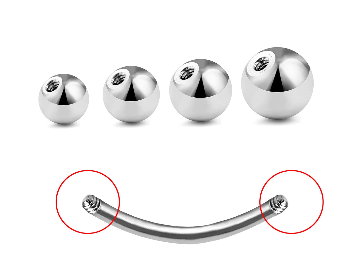 Belly Bar Plain Ball, Eyebrow Bar – (1.6mm) 14g Curved Barbell Piercing with Custom Ball Size 3mm to 8mm