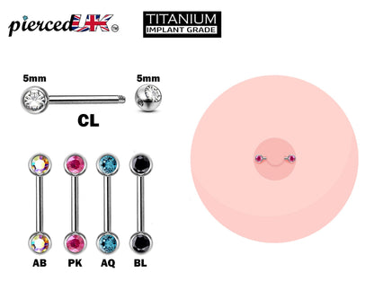 Titanium Nipple Front Face Barbell, Nipple Jewelry - 16g 14g Nipple Bar with CZ Crystals - Nipple Rings, Nipple Piercing Body Jewellery
