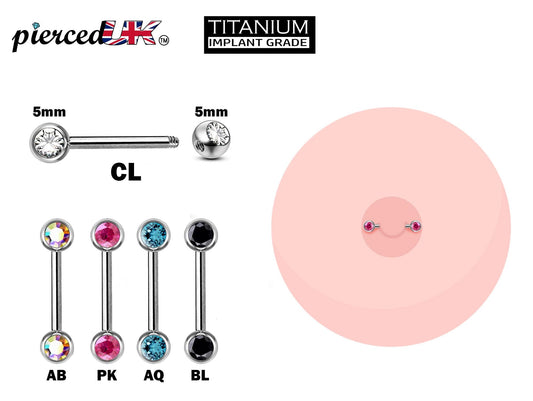 Titanium Nipple Front Face Barbell, Nipple Jewelry - 16g 14g Nipple Bar with CZ Crystals - Nipple Rings, Nipple Piercing Body Jewellery