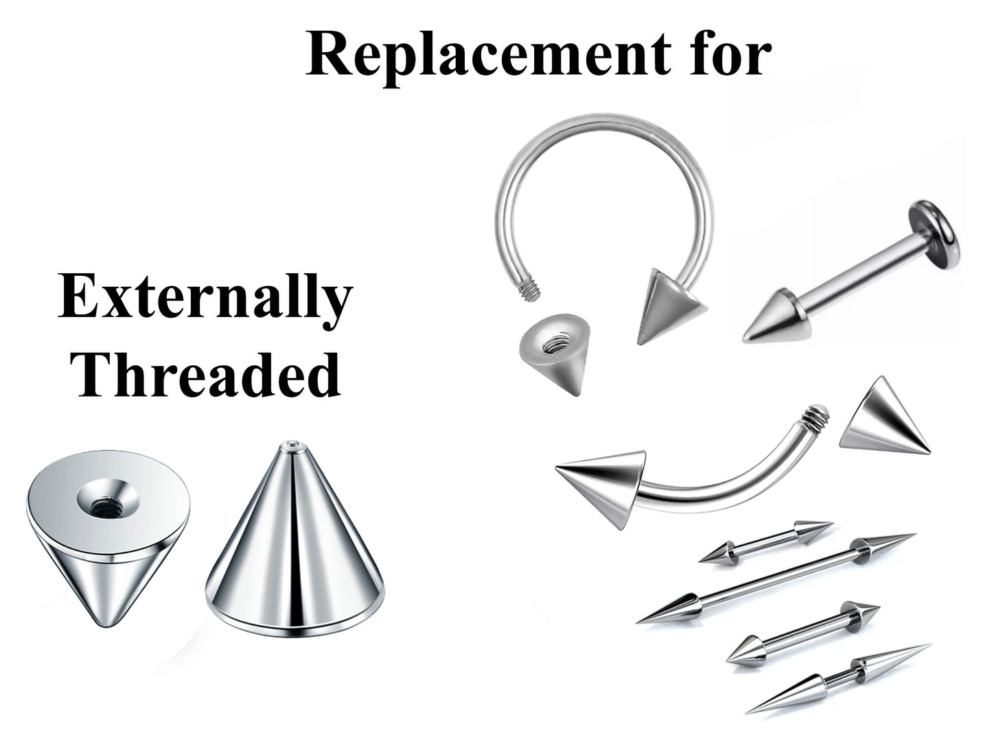 Titanium Spike Piercing, Pair of Spike and Cone Replacement Piercing Parts– 16g, 14g Attachment for Barbell, Labret, Horseshoe Bar and More.