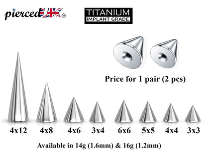 Titanium Spike Piercing, Pair of Spike and Cone Replacement Piercing Parts– 16g, 14g Attachment for Barbell, Labret, Horseshoe Bar and More.