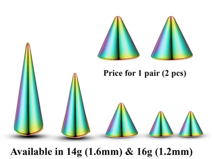 Titanium Spike Piercing, Pair of Spike and Cone Replacement Piercing Parts– 16g, 14g Attachment for Barbell, Labret, Horseshoe Bar and More.