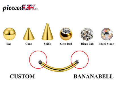 Gold Curved Barbell, Eyebrow Bar – Custom Bent Barbell 18g 16g 14g Piercing for Daith, Vertical Labret and More