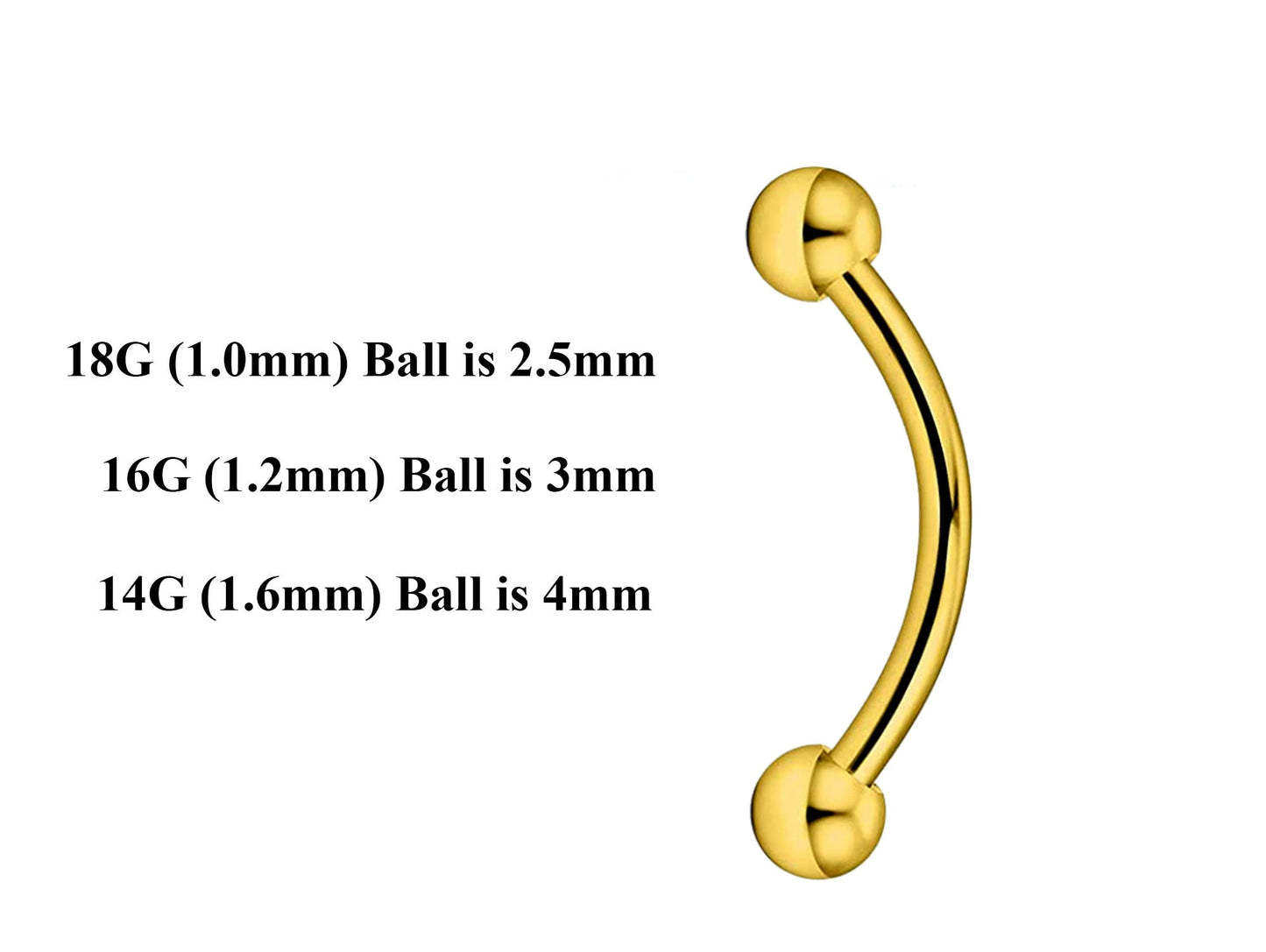 Gold Curved Barbell, Eyebrow Bar – Custom Bent Barbell 18g 16g 14g Piercing for Daith, Vertical Labret and More