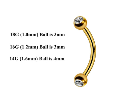 Gold Curved Barbell, Eyebrow Bar – Custom Bent Barbell 18g 16g 14g Piercing for Daith, Vertical Labret and More
